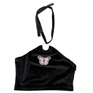 Pink Butterfly Black Velvet Halter Crop Top size small